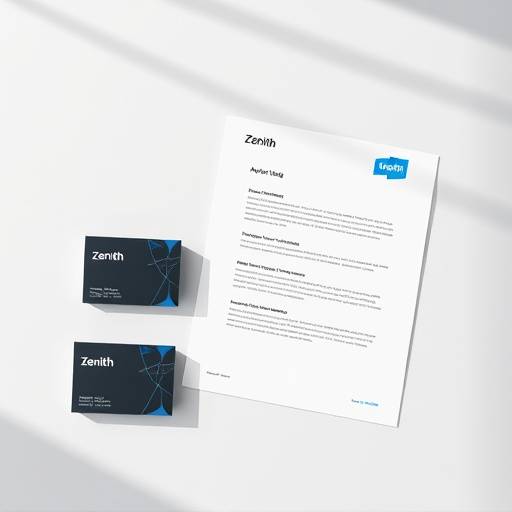 Logo and branding materials for 'Zenith Tech,' including business cards, letterheads, and a style guide.