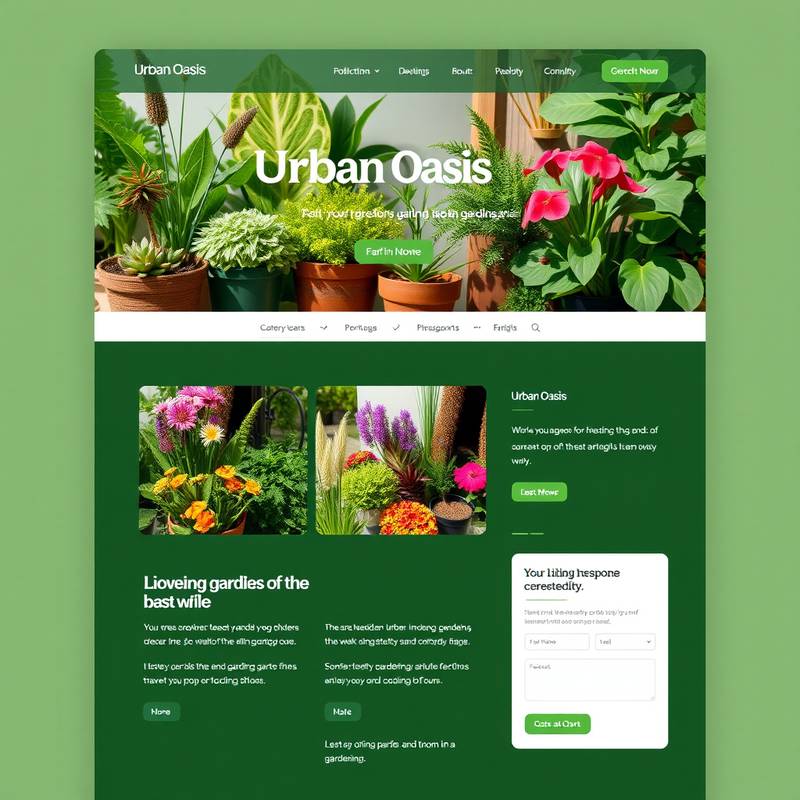 Mockup of the 'Urban Oasis' website, a local gardening service provider, showing vibrant plant displays and user-friendly navigation.